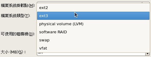 分割過程的檔案系統類型挑選