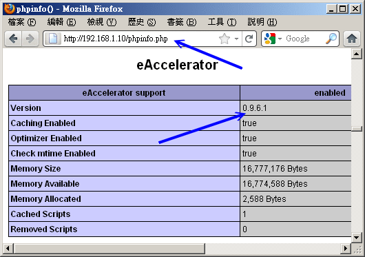 確定 eaccelerator 有運作的畫面 確定 eaccelerator 有運作的畫面