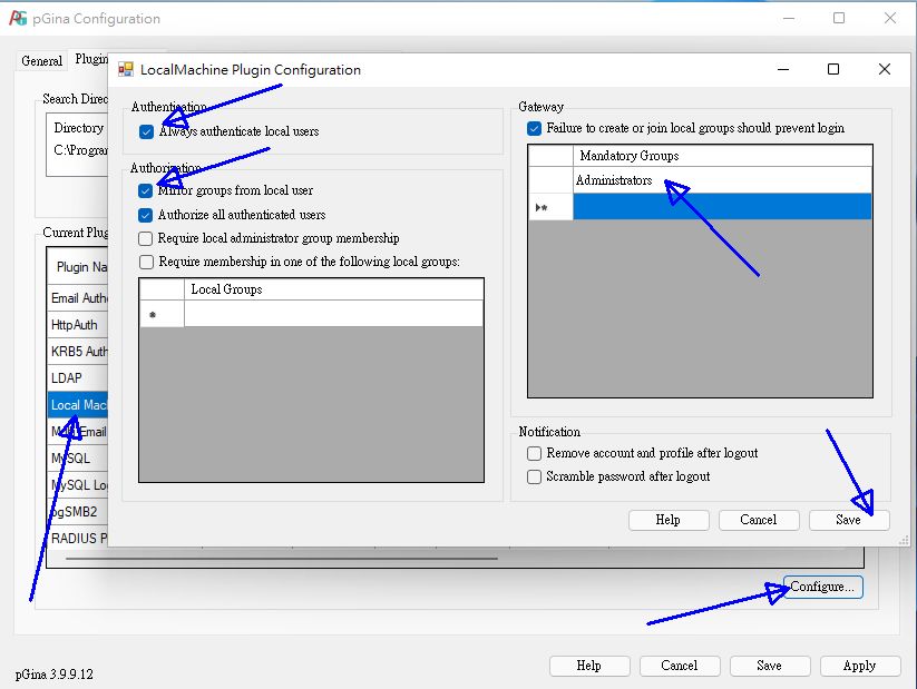 圖 11.2.5-7、pGina 設定本地端驗證的方式 圖 11.2.5-7、pGina 設定本地端驗證的方式